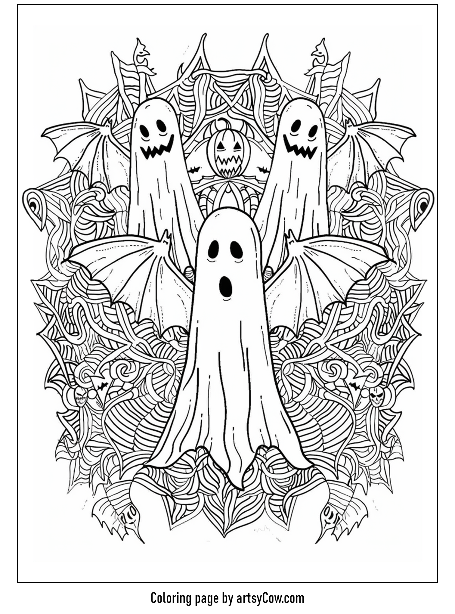 halloween ghost mandala coloring page featuring ghosts, bats, and intricate patterns